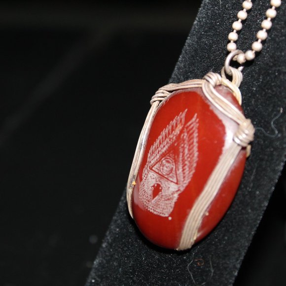 925, Tribal Necklace with etched agate, Eagle Wings, Handmade, wire wrapped - Picture 1 of 14